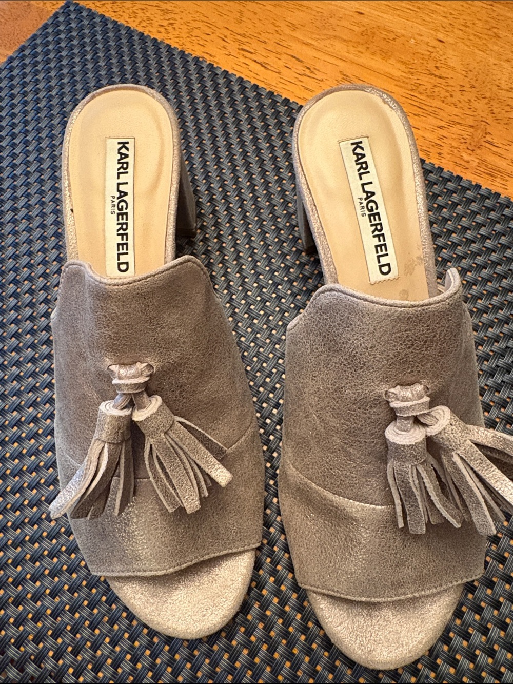 Karl Lagerfeld Taupe Suede Tassel Mules